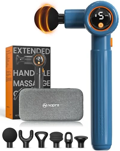 Napre Massage Gun With Extension Handle And 3 Adjustable Angles,Deep Tissue Back Massage For Neck/Shoulders/Waist/Body Pain Relief,Handheld Percussion Muscle Massager With Case,Blue