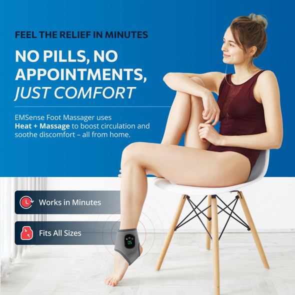 Emsense Heating Foot Massager - Cordless Vibration & Heat Therapy Wrap With 5 Heat Levels & 3 Vibration Modes For Tired Feet, Ankles & Lower Calf, Usb-C Rechargeable 1 Pack