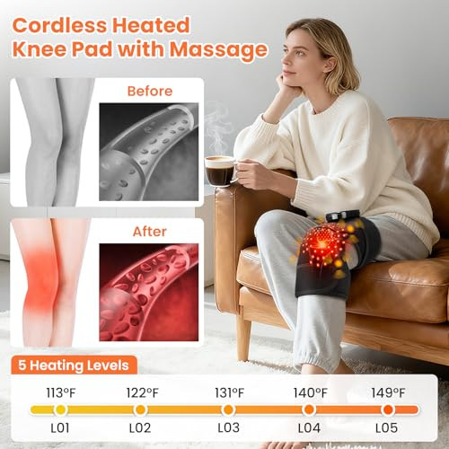 Romyse Knee Massager With Heat & Vibration, Red Light Knee Brace, 5000Mah Cordless Electric Heated Knee Wrap For Knee/Elbow/Shoulder, With Scheduled Shutdown