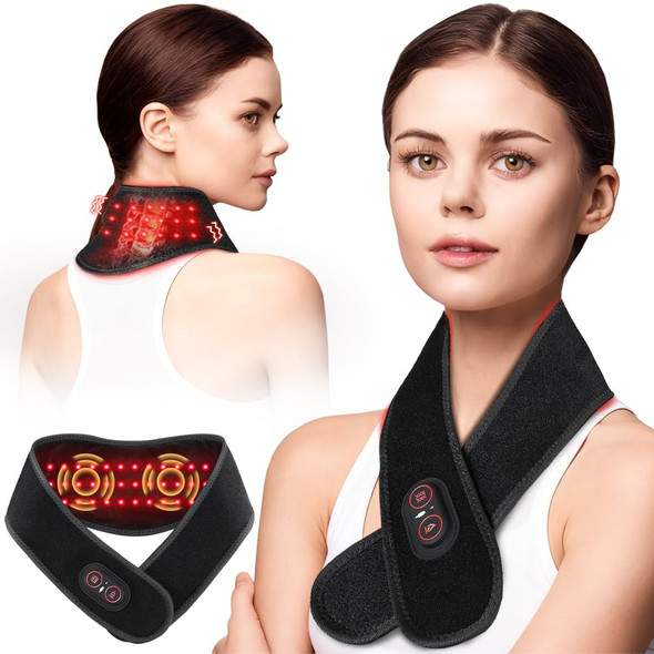 Flazecon Red Light Therapy For Neck And Shoulders Wrap, Cordless Infrared Heating Pad Belt With Vibration For Body, Hands, Rechargeable Portable Neck Massager With Heat 660Nm/850Nm (Black)