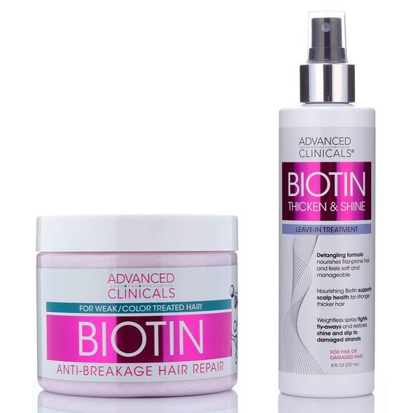 Advanced Clinicals Biotin Anti-Breakage Hair Repair Mask + Biotin Leave-in Treatment. 2 in 1 Set to repair Split Ends, Support Frizzy Hair, and Replenish Moisture. 12 Fl Oz + 8 Fl Oz Set of Two.