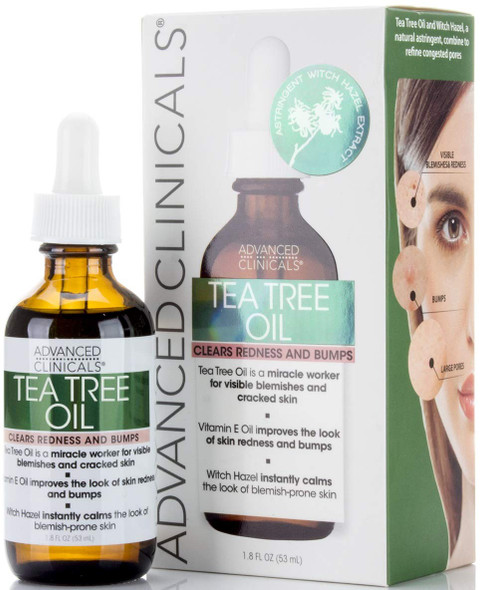 Advanced Clinicals Tea Tree Oil Facial Skin Care Serum Spot Treatment Targets Redness, Bumps, Acne, & Dry Itchy Skin - Pure Tea Tree Skincare W/ Vitamin E, Witch Hazel, & Sunflower Extract, 1.8 Fl Oz