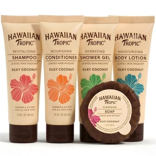 Hawaiian Tropic Silky Coconut Bulk Amenities (150 Pack) - Complete Travel Size Toiletries Kit With Shampoo Conditioner Body Wash Lotion & Soap Airbnb Essentials For Hosts Hotels & Guest Bathrooms