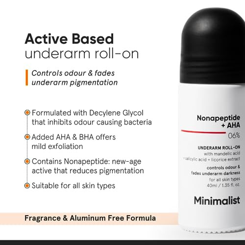 Minimalist Aluminium Free Deodorant For Men & Women | Control Odour & Fade Darkness | With Nonapeptide + Aha Bha 06% | Underarm Roll On | 1.35 Fl Oz / 40 Ml