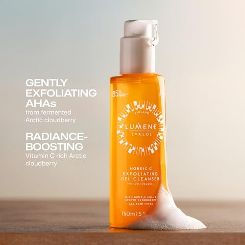 Lumene Nordic-C [Valo] Exfoliating Gel Cleanser | Vitamin C & Ahas | Arctic Cloudberry Seed Extract | Removes Makeup & Impurities | Gentle Daily Exfoliation | Vegan & Upcycled Ingredients | 5.1 Fl.Oz.