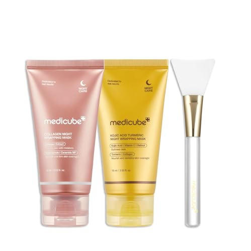 Medicube Viral Glass Glow Overnight Wrapping Mask Duo: Collagen Overnight Wrapping Peel Off Facial Mask Pack And Turmeric Wrapping Peel Off Mask 2.0 And Jelly Brush s For Women