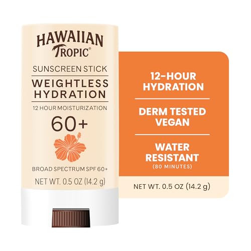 Hawaiian Tropic Weightless Hydration Sunscreen Stick Spf 60+ | Travel Size Sunscreen For Face And Body Mini Sunblock Stick Beach Essentials Oil Free Non Comedogenic Dermatologist Tested 0.5Oz