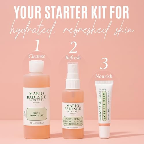 Mario Badescu Rose Essentials 3-Piece Set Rose Body Wash Rosewater Facial Spray & Lip Balm For Hydrating Head-To-Toe Skincare