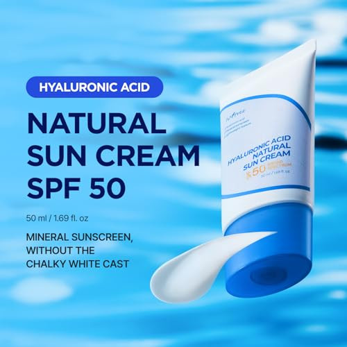 Isntree Hyaluronic Acid Natural Suncream Spf 50 Mineral Sunscreen Gentle Tone-Up Effect Hydrating Daily Sun Cream Sensitive Skin Friendly Korean Skincare 50Ml