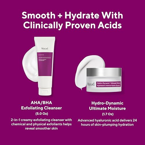 Murad Smooth + Hydrate - 2-Piece Full-Sized Set ($122 Value) - Exfoliatng Acids To Polish Dull Skin And Deliver Critical Hydration - Aha/Bha Cleanser 5.0Fl Oz Hydro-Dynamic Moisture 1.7Fl Oz
