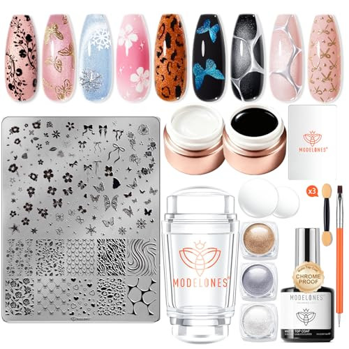 Modelones Gel Nail Stamping Plate Set French Tip Tool Gold Silver Pearl Chrome Powder Proof Matte Top Coat White Black Painting Gel Polish Double Head Nail Art Brush Diy Manicure Kit 16 Pcs
