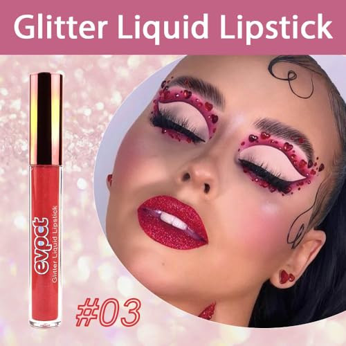Evpct Hot Bright Red Glitter Metallic Shimmer Diamond Lipstick Lip Gloss Stain Set For Women Long Lasting Waterproof Dark Red Sparkle Glitter Matte Long Wear Liquid Lipstick Lip Makeup Kit 1Pcs