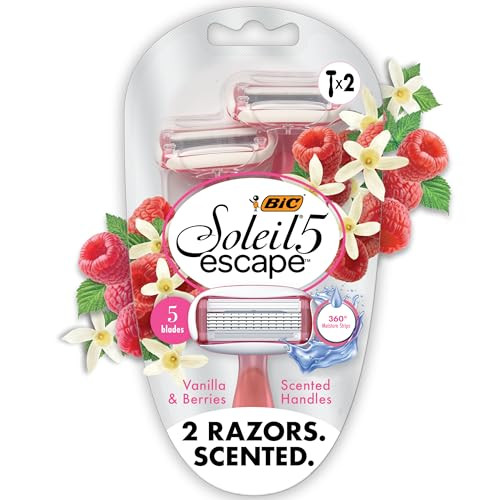 Bic Soleil 5 Escape Women's Disposable 5 Blade Razors Vanilla And Berry Scented Handles Comfort Shield 2-Pack