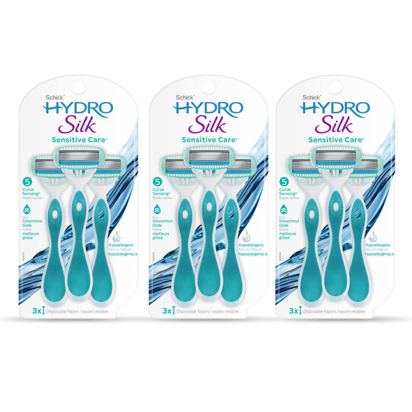 Schick Hydro Silk Sensitive Women's Disposable Razors 5-Blade Disposable Razors For Women Sensitive Skin Travel Razor For Women 9Ct