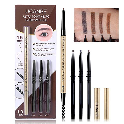 Ucanbe 4 In 1 Makeup Micro Eyebrow Pencil Set Dual-Ended Sweat &Waterproof Ultra Fine Skinny Tip Percise Definer Black Brown Fill & Shape Brow Mechanical Auto Pen Kit
