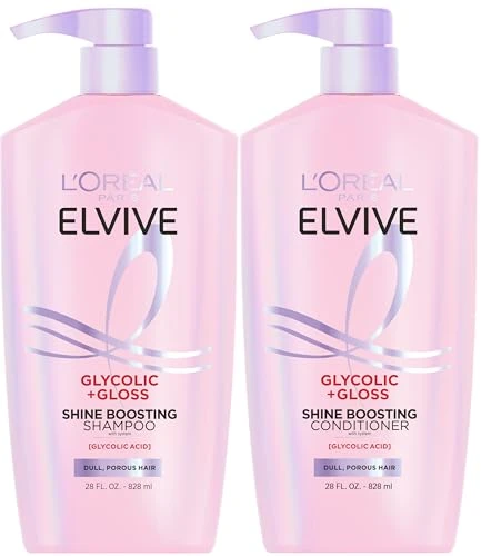 L'oreal Paris Elvive Glycolic + Gloss Shine Boosting Shampoo And Conditioner Set Cleanses And Smooths Dull Porous Hair Into High-Shine Glossy Hair Set 56 Fl Oz