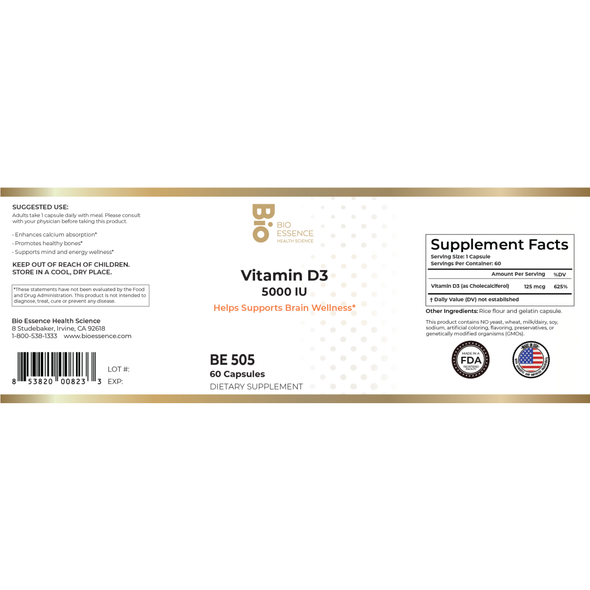 Vitamin D3 5000 IU 60 caps by Bio Essence Health Science