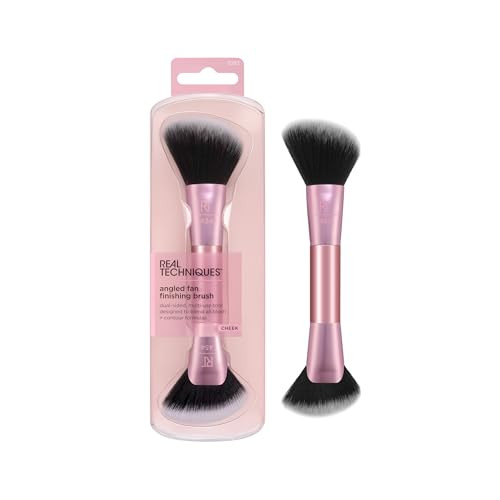 Real Techniques Angled Fan Finishing Brush Dual-Ended Contour Bronzer & Blush Makeup Brush For Blending Powder Or Cream Products Ultraplush Bristles Cruelty- 1 Count
