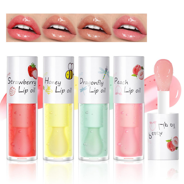 Hosaily Crystal Jelly Lip Oil Fruit Flavoured Hydrating Honey Lip Glow Oil Lip Care Moisturizing Long Lasting Clear Lip Oil Plumping Lip Gloss Bee Balm For Dry Lips Makeup 4 Pcs