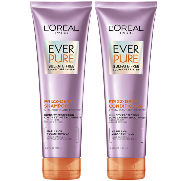 L'oreal Paris Frizz Defy Shampoo And Conditioner Set Frizz Control Hair Care With Marula Oil Everpure Set Of 2 8.5 Fl Oz