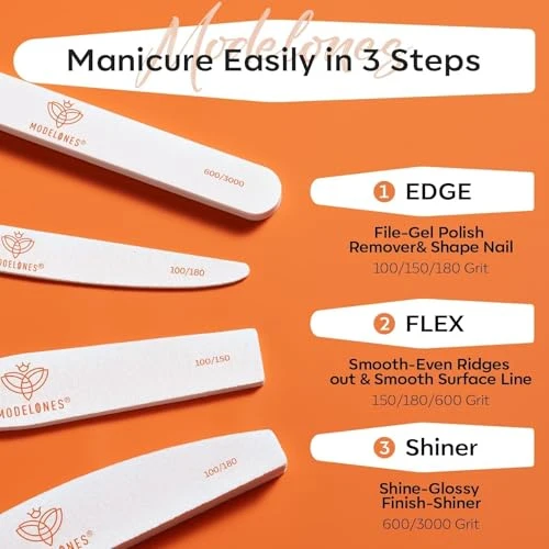 Modelones Nail Files And Nail Buffers Blocks Double Side Trimed & Shaped Emery Board 100/150/180 Grits 600/3000 Nail Shine Polishing Stick Reusable Washable Anti-Bend Anti-Drop Particles White 4 Pcs
