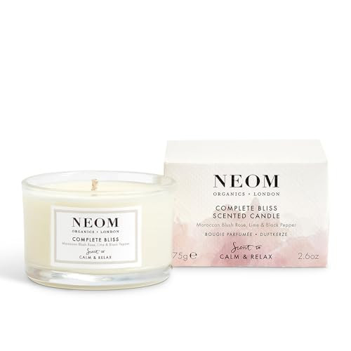 Neom Complete Bliss Scented Candle Travel Size Blush Rose Lime & Black Pepper Essential Oil Aromatherapy Candle Scent To De-Stress