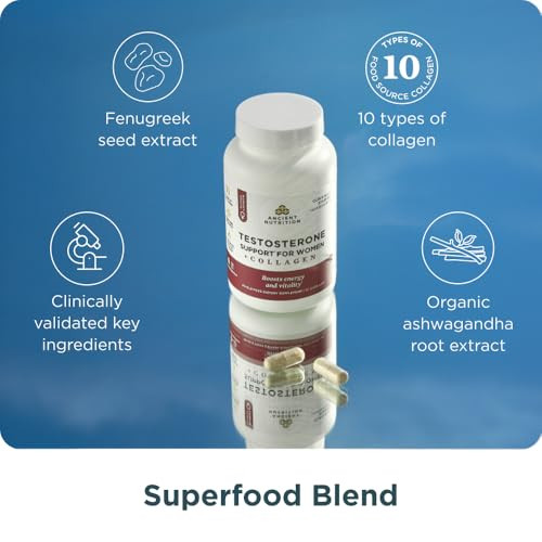 Ancient Nutrition Testosterone Support + Collagen Supplement Hydrolyzed Collagen Peptides Key Clinically 90 Capsules