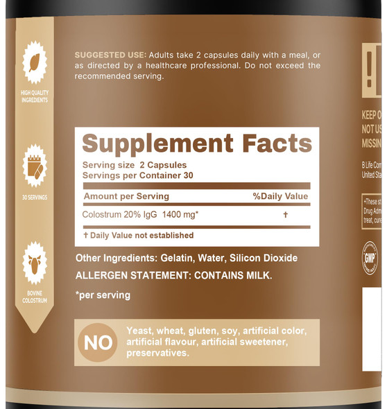 B Life Company Blife Bovine Colostrum Supplement 60 Capsules 1400Mg