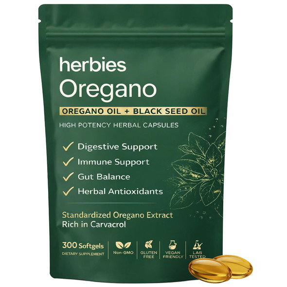 Herbies Oregano Oil Capsules Organic With Black Seed Oil 2 In 1 Herbal Formula 300 Softgels 6000Mg