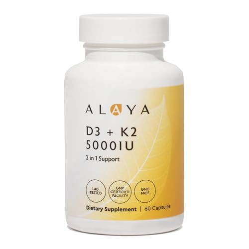 Alaya Naturals Vitamin D3 K2 Supplement 60 Count 5000 Iu
