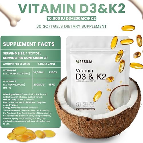 Resilia Oil Of Oregano D3 K2 Vitamin + Mk 7 30 Count 10000 Iu
