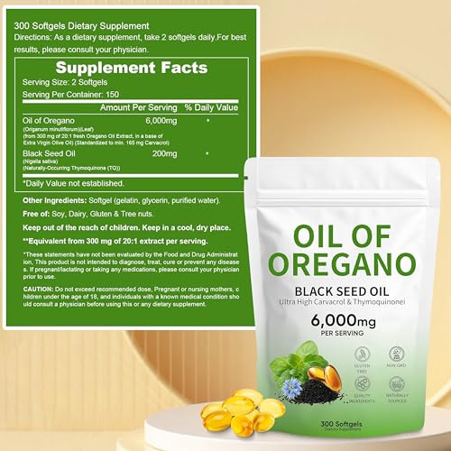 Plaxssuss Oil Of Oregano Softgels With Black Seed Oil& Thymoquinone Non Gmo 300 Count 6000Mg