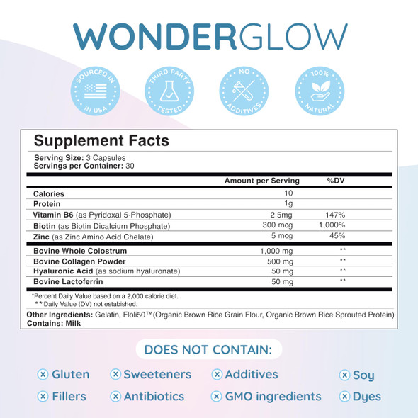 Wondercow Hair Skin And Nails Vitamins W/Bovine Colostrum Collagen Hyaluronic Acid 30 Servings