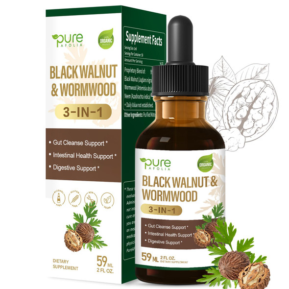 Pure Afolia Black Walnut Wormwood Drops 3 In 1 Herbal Gut Cleanse & Intestinal 2 Fl Oz