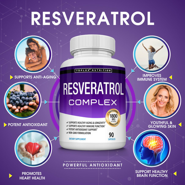 Toplux Resveratrol Supplement Antioxidant Complex 90 Capsules 1800 Mg