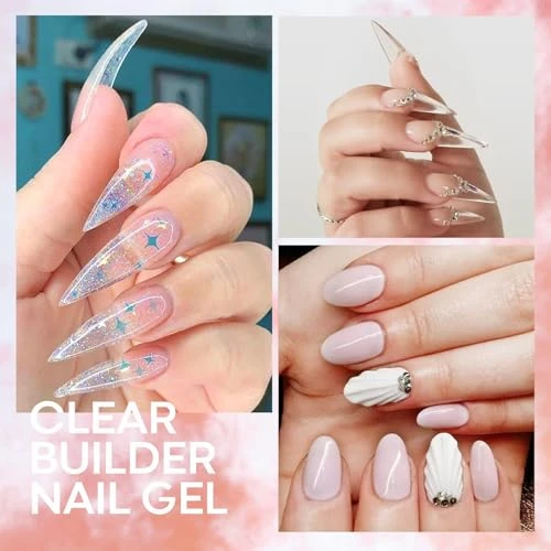 Modelones Builder Nail Gel Kit - Clear Extension Kit Hard Gel For Nails Strengthen Acrylic Manicure Art Set With Dual Forms And Dual-Use Acrylic Brush Professional Diy At Home 2Oz 100Pcs