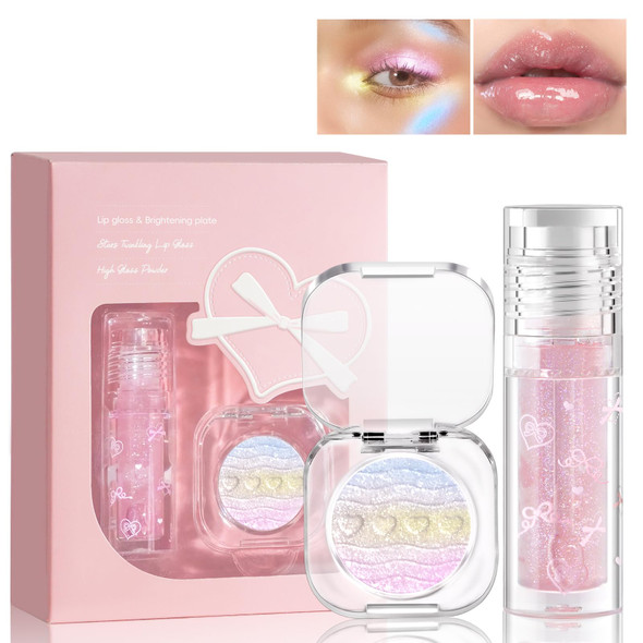 Hosaily Face Highlighter+ Nude Pink Glitter Lip Gloss Holographic Sparkle Color Shifting Inner Corner Eye Highlighter Illuminator With Watery Shimmer Plumping Mirror Lip Glaze Makeup For Women