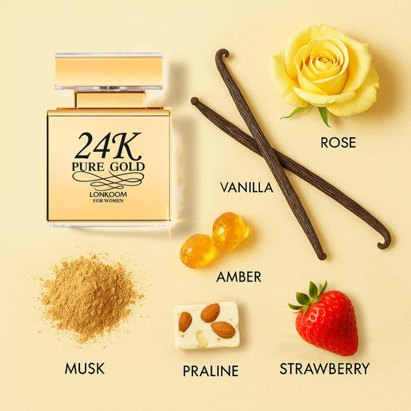 Lonkoom 24K Pure Gold Perfume for Women Sweet Vanilla Perfumes Long Lasting Fragrance Eau de Parfum Praline Amber Fruity Strawberry Rose Musk Chocolate Notes 3.4 Fl Oz