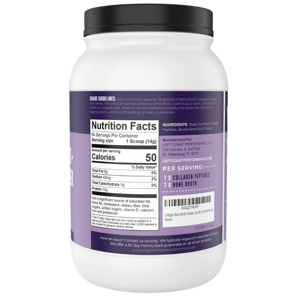 Left Coast Performance Collagen Bone Broth Powder 2lb Bone Broth with Grass Fed Collagen Peptides Unflavoured Grass Fed Hydrolyzed Beef Zero Carb Dairy Free Protein Powder 64 Servings