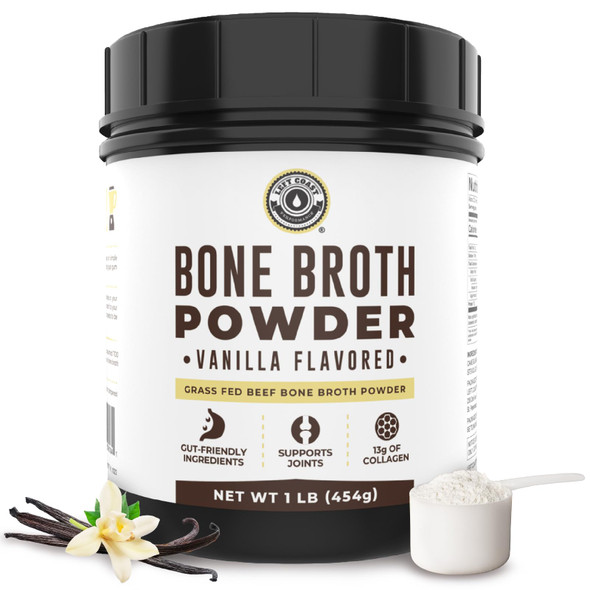 Vanilla Bone Broth Protein Powder From Grass Fed Beef - Non-GMO Ingredients Gut-Friendly Low Carb Dairy Free Protein Powder - Natural Collagen Source For Joint Support - Keto Friendly 16oz