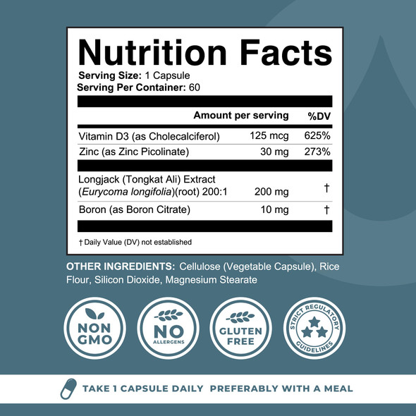 Left Coast Performance Boron Supplement For Men With Tongkat Ali - Vitamin D3 Zinc Picolinate 30mg Longjack Tongkat Ali For Men - Boron Citrate 10mg For Men’s Health - Non GMO Gluten Free No Allergens - 60 Count