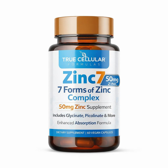 True Cellular Formulas  Zinc7: 7-in-1 Zinc Complex 50mg - Maximum Absorption for Immune Defense Deep Sleep and  All-Day Energy  Hormone Balance Mental Focus and  Metabolism Support  60 Vegan Capsules