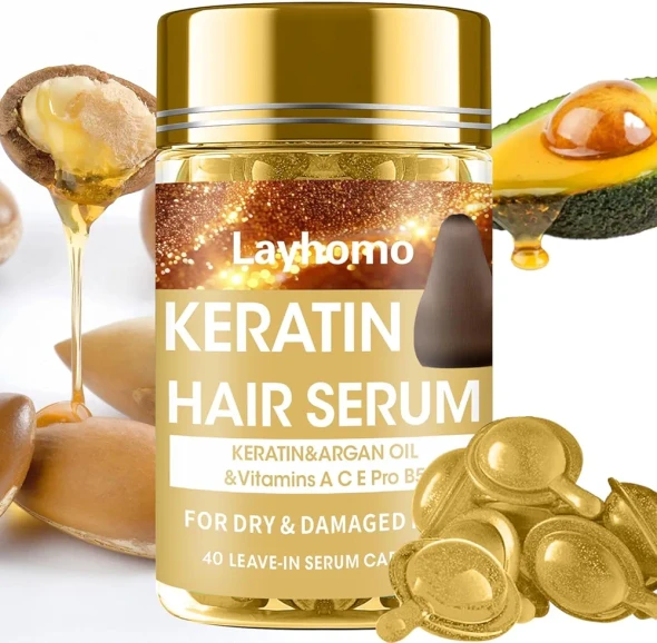 Layhomo Keratin Hair Treatment Serum,Hair Serum Treatment for Dry Damaged Hair,Hair Oil Capsules with Keratin,Argan Oil-Leave-in Anti Frizz Conditioner with Vitamins A, C, E & B5- No Rinse for All Hair Types