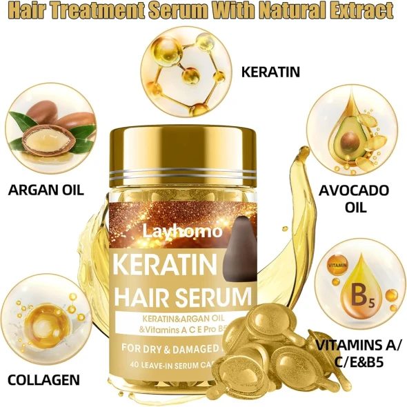 Layhomo Keratin Hair Treatment Serum,Hair Serum Treatment for Dry Damaged Hair,Hair Oil Capsules with Keratin,Argan Oil-Leave-in Anti Frizz Conditioner with Vitamins A, C, E & B5- No Rinse for All Hair Types