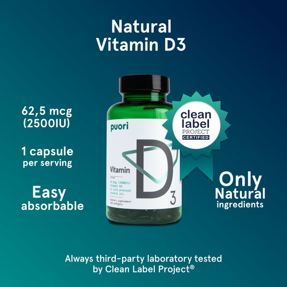 Puori Vitamin D3 Softgels 2500 IU (62.5 mcg) - Fast Absorbing Vitamin D3 Supplements for Immune System Support Bone Health & Density and Healthy Muscle Functions - Non-GMO & Gluten-Free - 240 Count