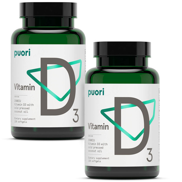 Puori Vitamin D3 Softgels 2500 IU (62.5 mcg) - Fast Absorbing Vitamin D3 Supplements for Immune System Support Bone Health & Density and Healthy Muscle Functions - Non-GMO & Gluten-Free - 240 Count