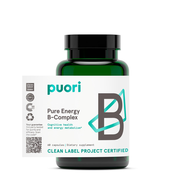 Puori Pure Energy Vitamin B-Complex with 8 Essential Vitamins - Active & Methylated B Vitamins (Thiamin Riboflavin Niacin B6, Folate & B12) - Biotin Inositol Pantothenic Acid & Choline