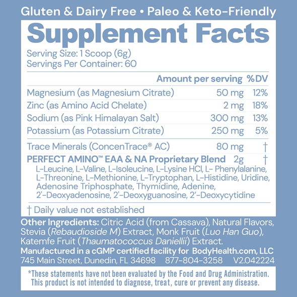 BodyHealth PerfectAmino Electrolyte Powder No Sugar Hydration Fasting Keto Zero Sugar Electrolytes Drink Mix with Trace Minerals - Lemon Lime - 60 Servings