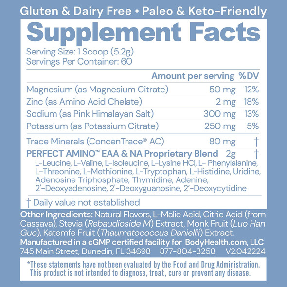 BodyHealth PerfectAmino Electrolytes Powder No Sugar Keto Sugar Free Fasting Electrolytes Drink Mix Hydration Powder with Trace Minerals - Watermelon - 60 Servings