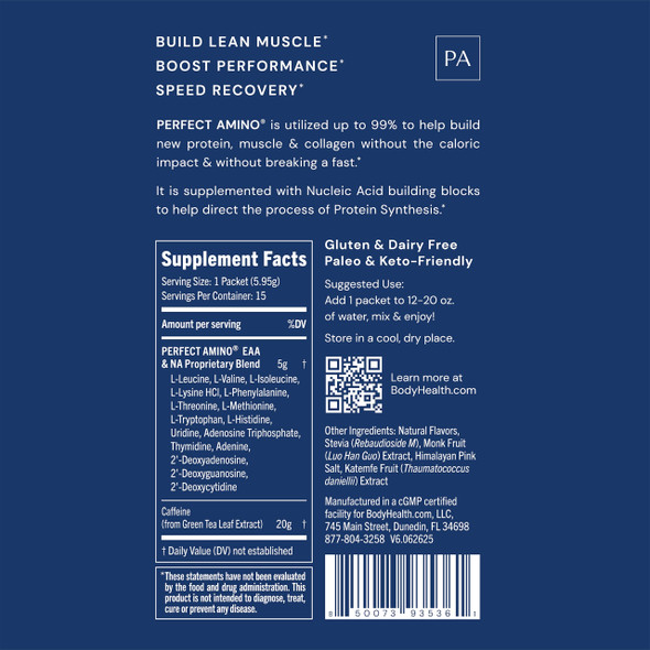 BodyHealth PerfectAmino Powder - BCAA and EAA Powder for Pre and Post Workout - Amino Acid Energy Drink for Men and Women to Support Lean Muscle and Recovery - Mocha - Stick Packs - 15 Servings